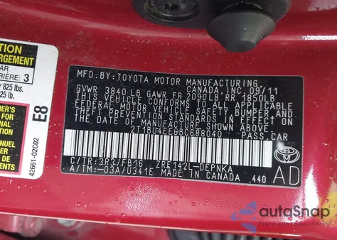 2011 Toyota Corolla Le z USA, uszkodzony, nr VIN 2T1BU4EE6BC688040